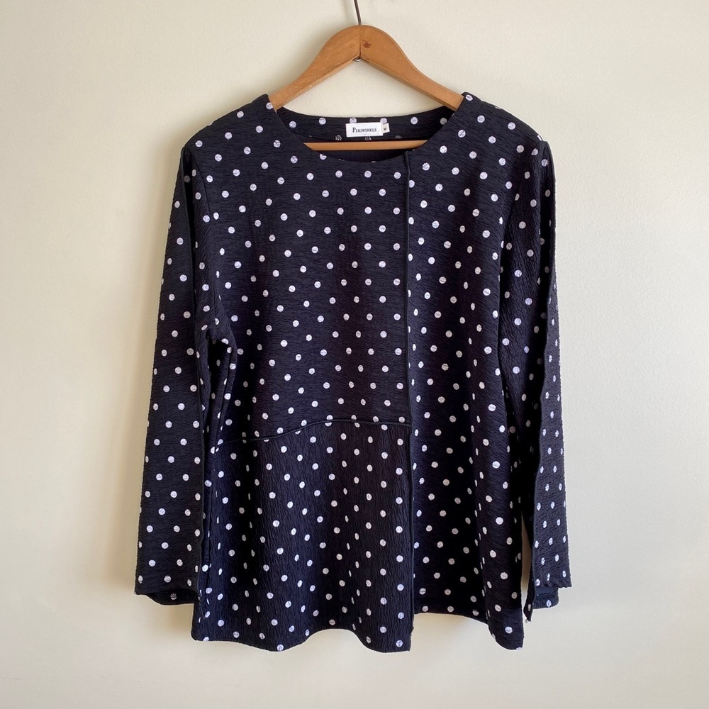 Periwinkle Polka Dot Art to Wear Patchwork Uneven Hemline Long Sleeve Top